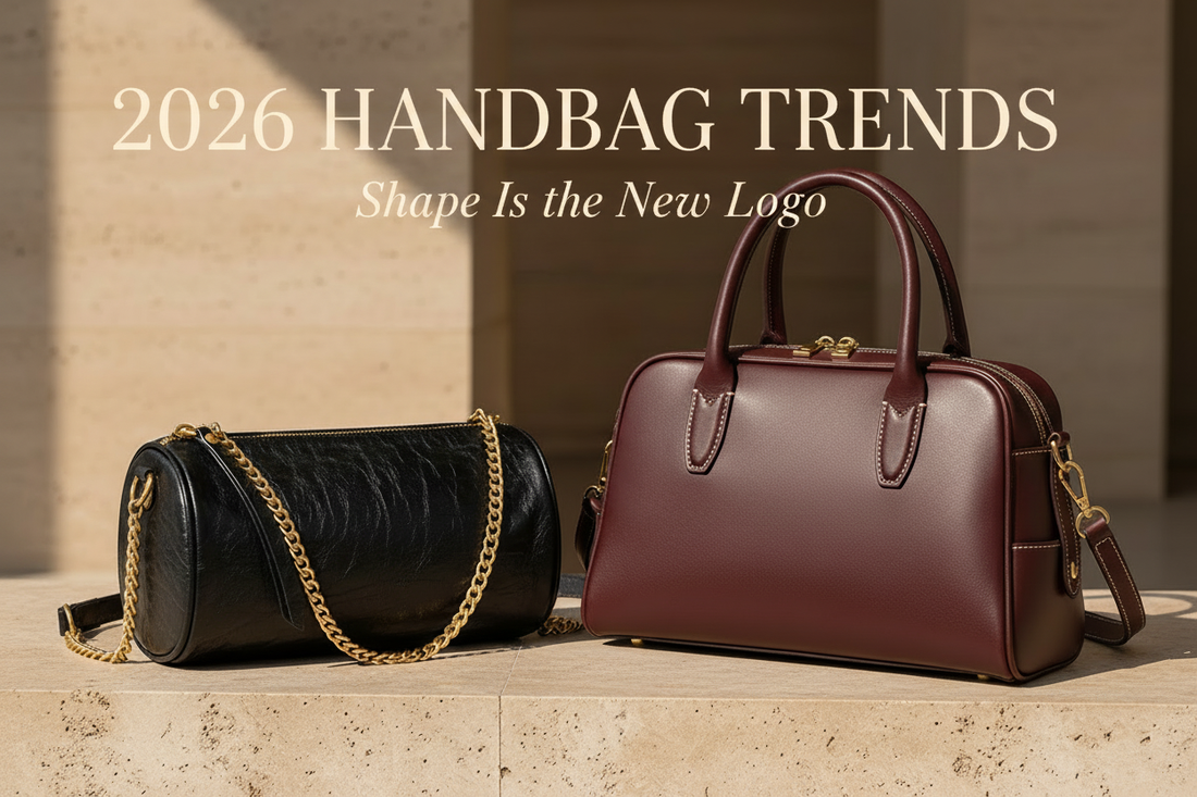 2026 Handbag Trends editorial cover featuring Ballman H98039 crinkled leather barrel bag and 8108-27 burgundy genuine leather bowling handbag with headline Shape Is the New Logo