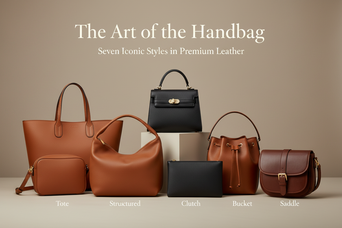 A collection of 7 luxury leather handbag styles arranged on a neutral background: tote, satchel, crossbody, hobo, clutch, bucket, and saddle bag. Warm brown tones, premium craftsmanship, clean product photography.