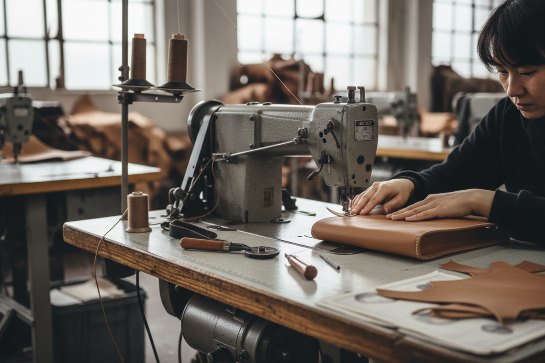 Leather factory worker at sewing machine workstation