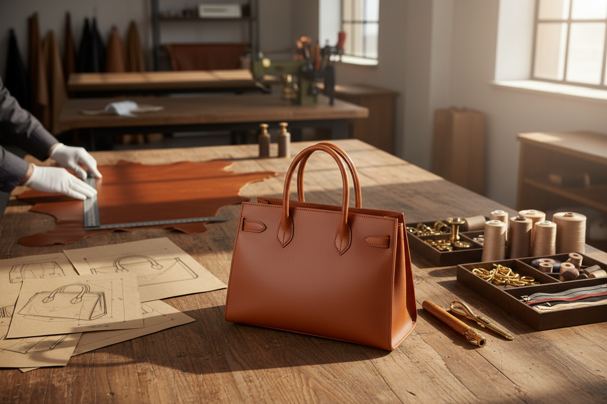 Brown leather handbag surrounded by design sketches, paper patterns, leather pieces, stitching tools, and brass hardware in a handbag manufacturing workshop