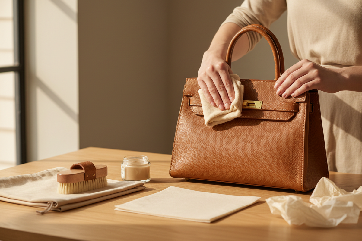Hands gently applying leather conditioner to a brown leather handbag with a soft cloth and care tools