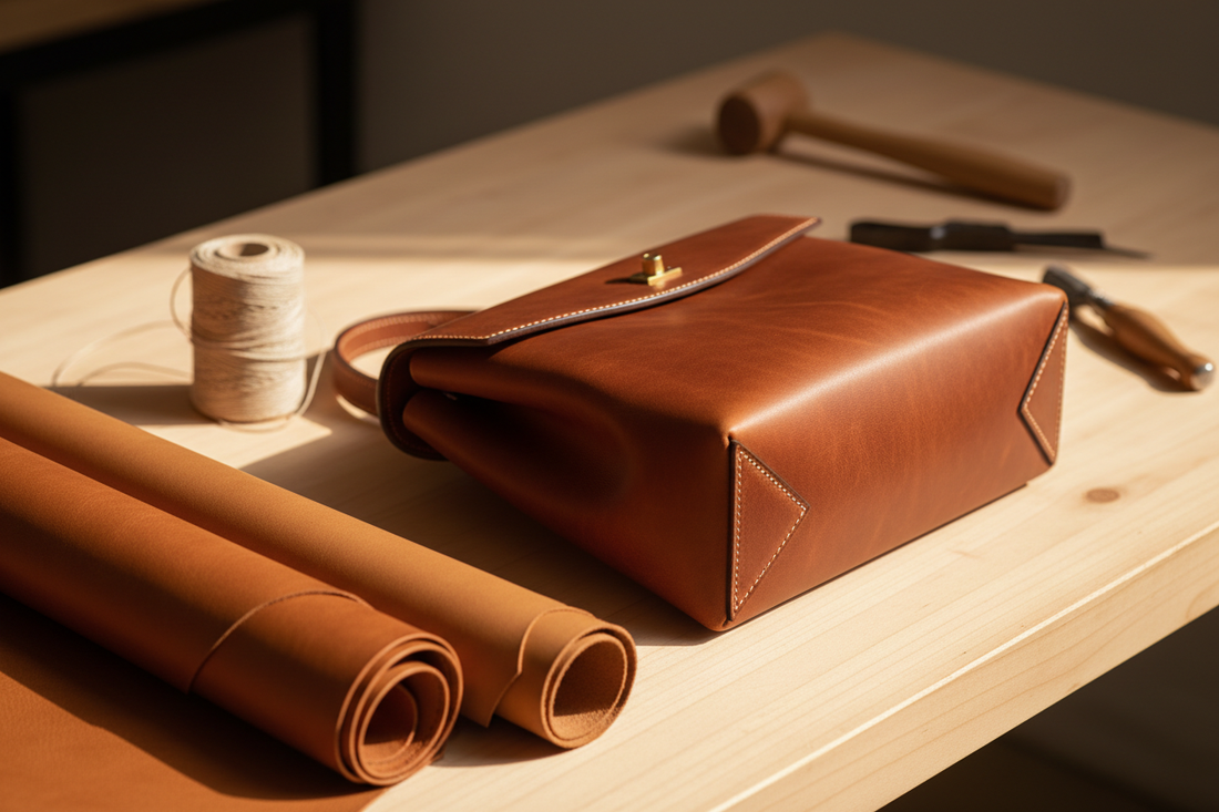 Full-grain leather artisan handbag displaying natural rich patina on a wooden factory workbench, accompanied by leather hide rolls, precision stitching, and leathercraft tools