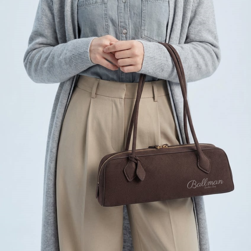 Wholesale Custom Leather Baguette Bag Long Top Handle Zipper Closure Retro Style XK001