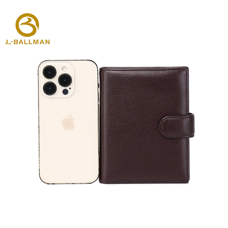Wholesale Custom leather men tri-fold wallet pebbled genuine leather snap button large capacity multi card slots passport holder daily business travel purse 302#