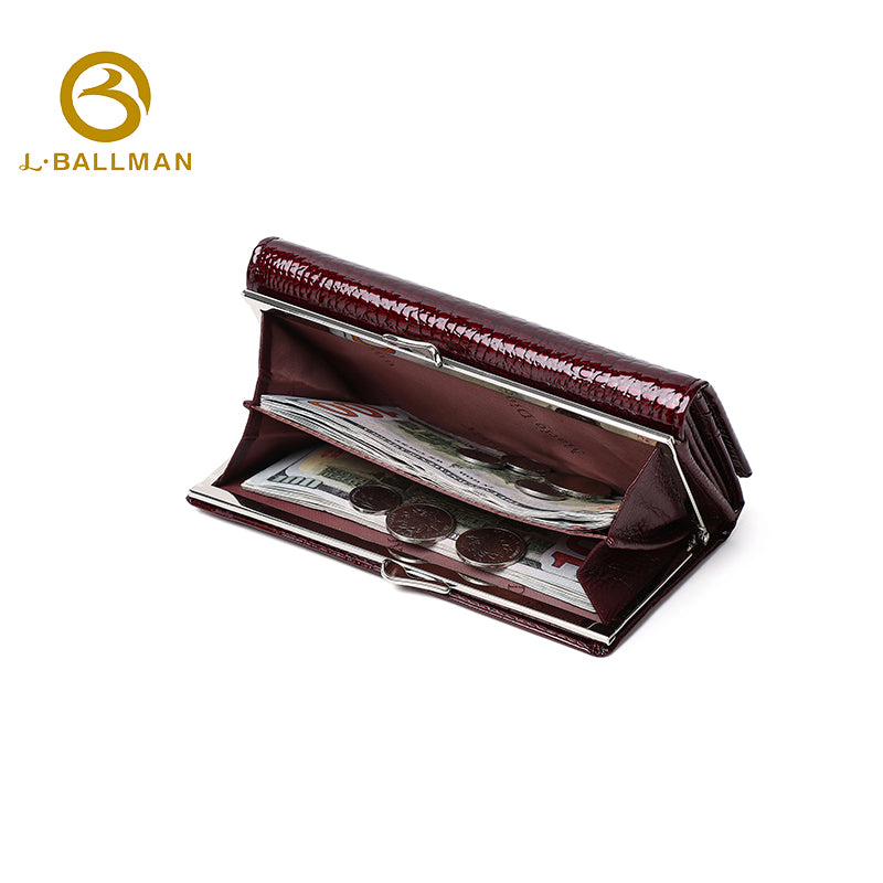 Women Long Patent Leather Wallet Crocodile Embossed Trifold Kiss Lock Multi Card Slots Bill Compartment 802# Wholesale Custom