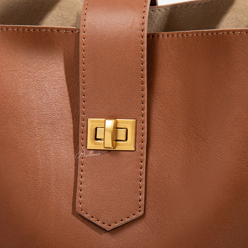 Wholesale Custom Italian Imported Full‑Grain Leather Bucket Bag Vintage Gold Turn‑Lock Closure Adjustable Shoulder Strap Elegant Daily Work Handbag H98052