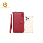 Genuine Leather Women'S Zip Around Wrist Bag With Snap Button Flap, Multi Card Slots And Phone Pocket For Daily Outing, Wholesale Custom, 6343-1