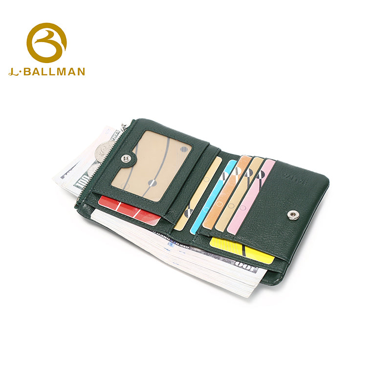 Short Leather Wallet with Zipper Coin Pocket Snap Button Multi Card Slots ID Window OEM ODM Custom Wholesale Manufacturer 1689#
