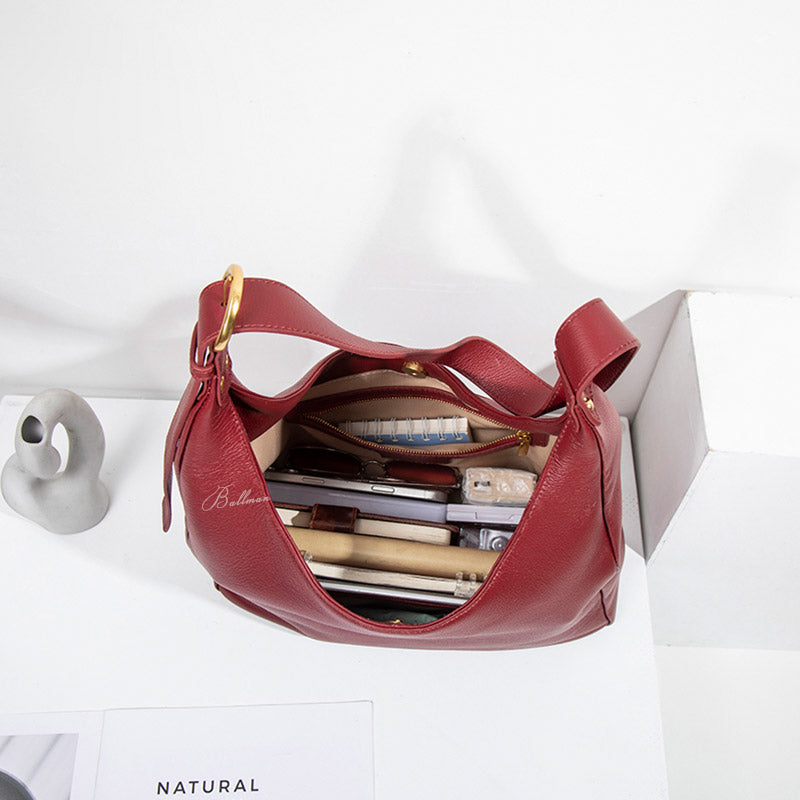 Wholesale Custom Full‑Grain Leather Hobo Bag Large Capacity Soft Slouchy Curved Opening Wide Shoulder Strap Elegant Work Shoulder Bag H98058