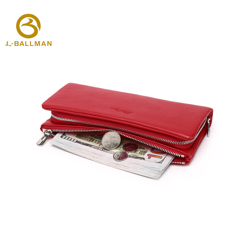 Women Long Genuine Leather Wallet Double Zipper Large Capacity Multi Compartments 1634 Wholesale Custom