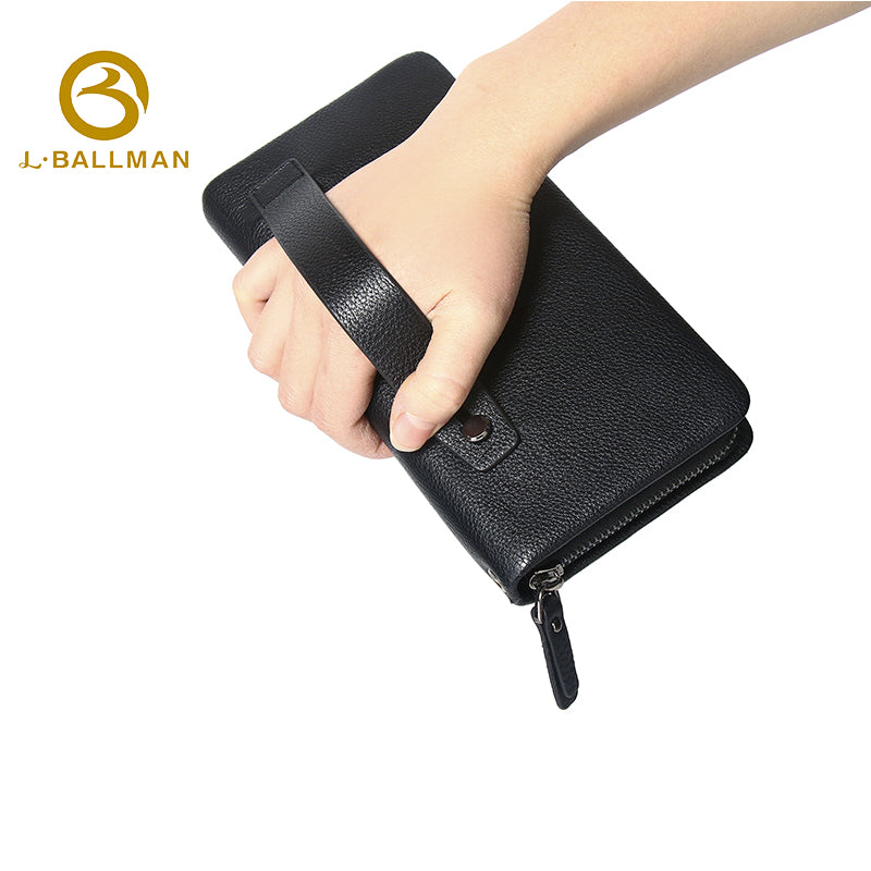 Genuine Leather Full Zip Around Clutch Wallet, Detachable Wrist Strap Embossed Logo Grain Leather For Daily Use 6302 | Custom Logo ODM OEM Wholesale