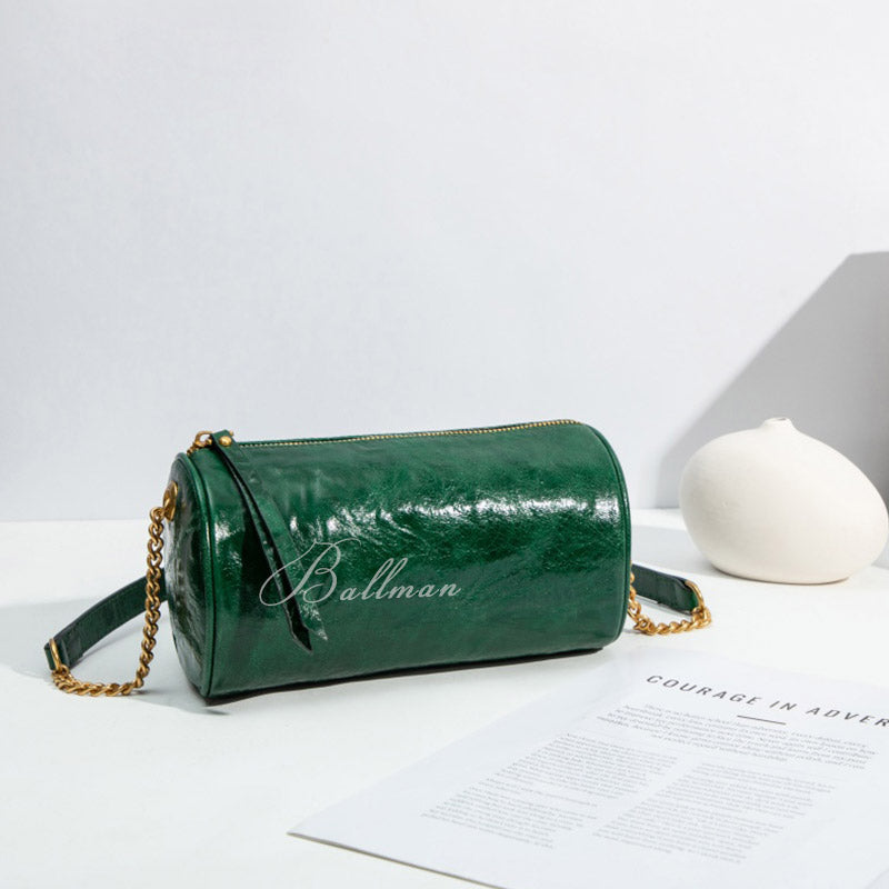 Wholesale Custom Leather Cylinder Shoulder Bag Crinkled Texture Gold Chain Crossbody Bag H98039