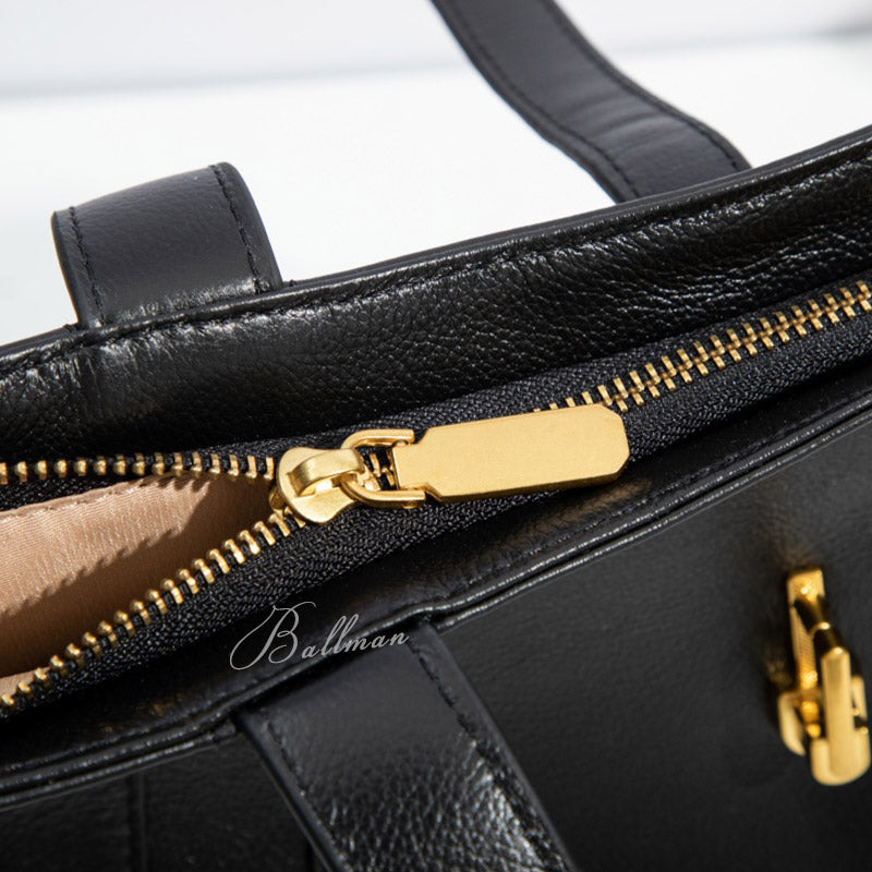 Wholesale Custom Full‑Grain Leather Tote Bag Large Capacity Gold Lock Hardware Long Top Handles Elegant Office Work Handbag H98068
