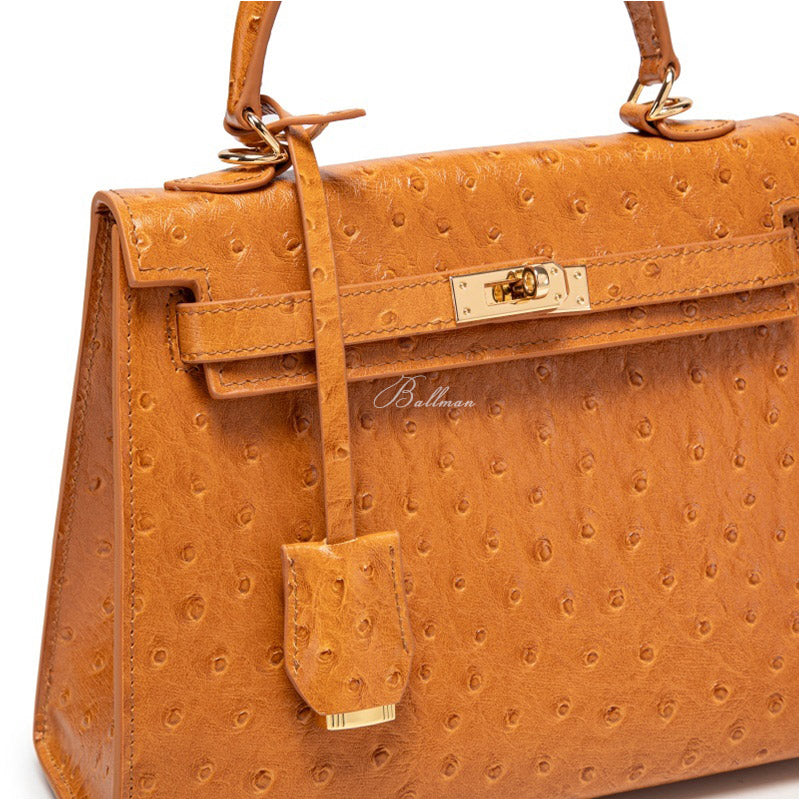 Wholesale Custom Ostrich Leather Kelly Style Handbag Premium Ostrich Skin Turn?Lock Hardware Top Handle BK003