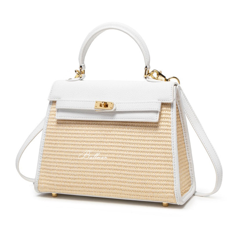 Wholesale Custom Raffia Leather Kelly Style Handbag Straw Weave Spliced Leather Turn Lock Hardware Top Handle BK004