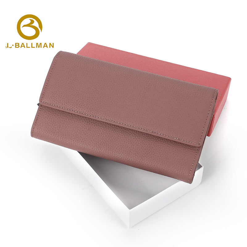 Wholesale Custom leather women long wallet pebbled genuine leather tri-fold multi card slots daily shopping travel purse 116#