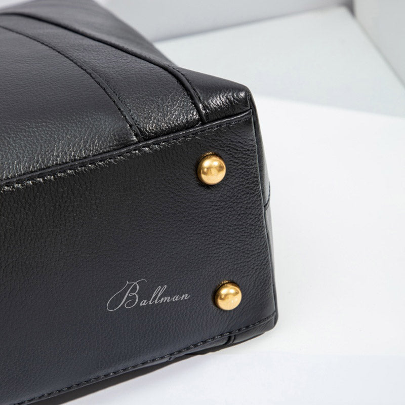 Wholesale Custom Full‑Grain Leather Tote Bag Large Capacity Gold Lock Hardware Long Top Handles Elegant Office Work Handbag H98068