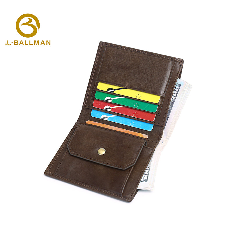 Vintage Crazy Horse Leather Trifold Card Holder With Snap Button Coin Pocket, Multi Card Slots And Cash Compartment For Daily Business Carry, Wholesale Custom, G042