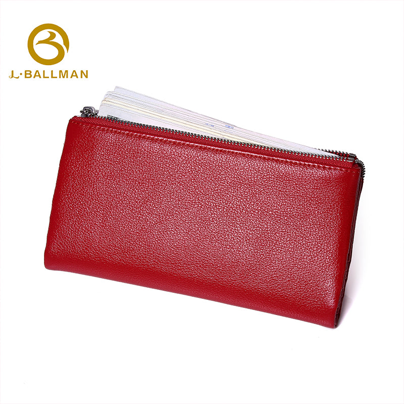 Genuine Leather Long Fold-over Wallet, Curved Edge Decorative Zipper Trim Multi Card Slots For Daily Use 23-0010X | Custom Logo ODM OEM Wholesale