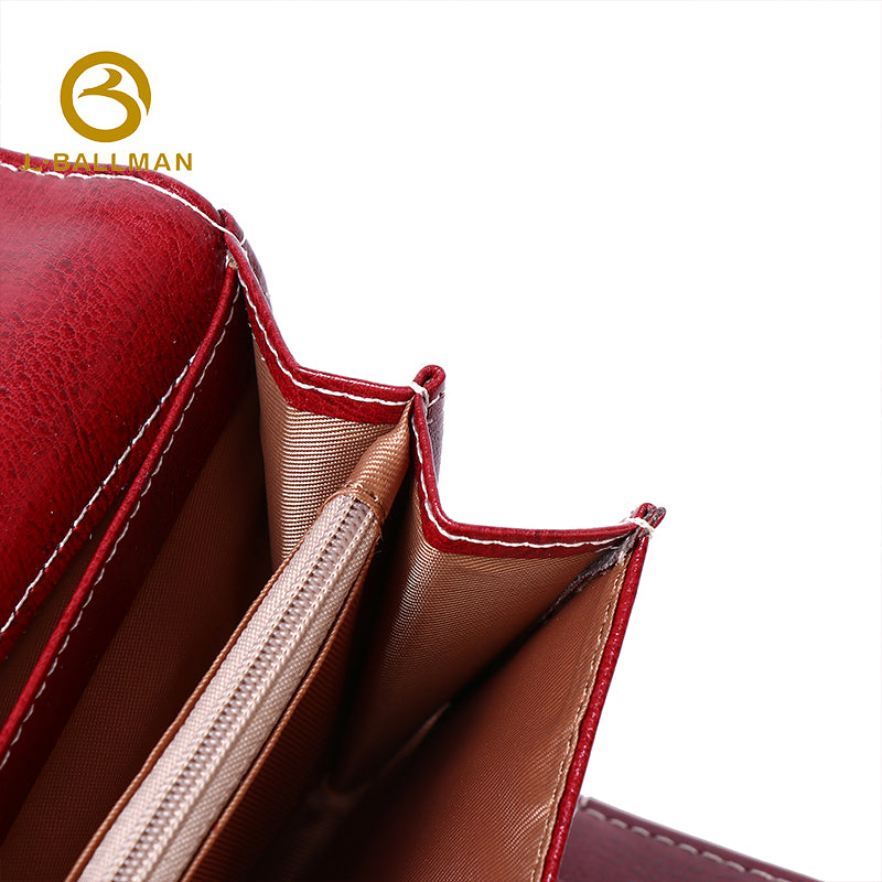 Genuine Leather Oil-Wax Long Wallet, Strap Buckle Closure Contrast Stitch Wavy Flap For Daily Use 23-121# | Custom Logo ODM OEM Wholesale