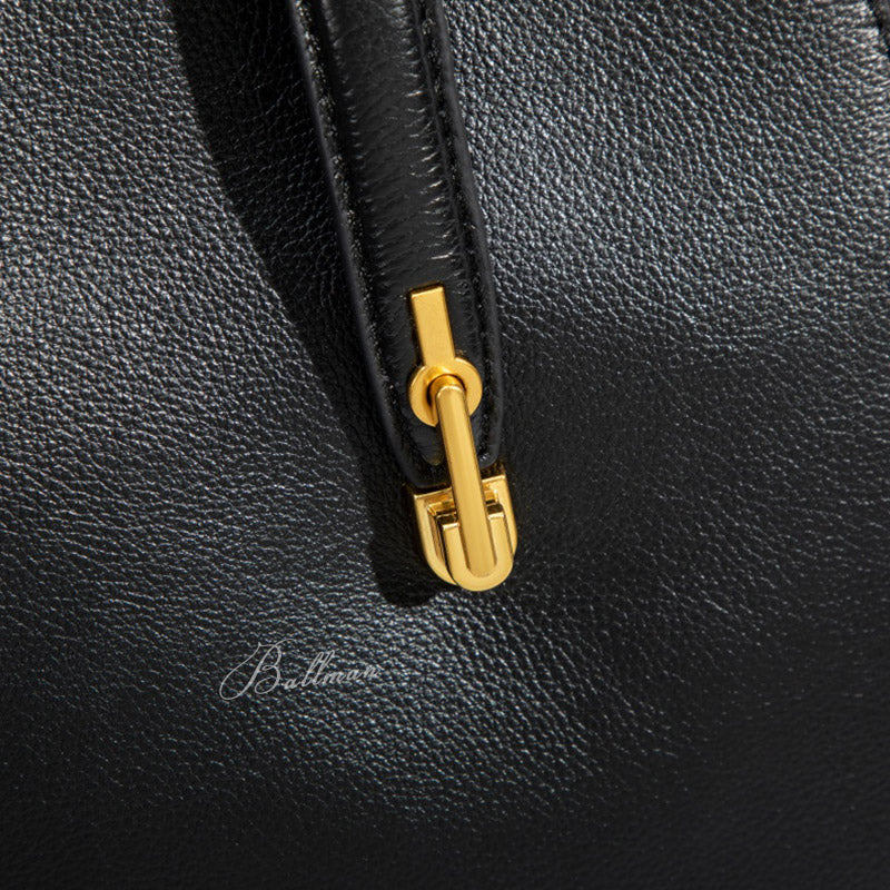 Wholesale Custom Full‑Grain Leather Tote Bag Large Capacity Gold Lock Hardware Long Top Handles Elegant Office Work Handbag H98068