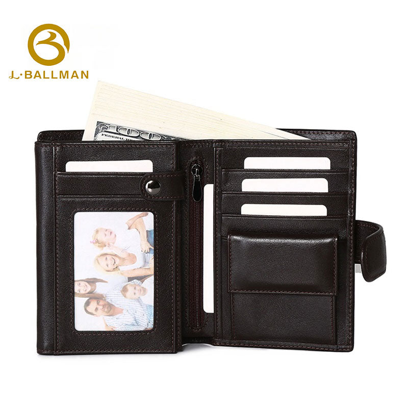 Genuine Leather Men'S Trifold Wallet With Snap Button, Multiple Clear Id Windows And Zipper Coin Pocket For Business Daily Use, Wholesale Custom, E60277#