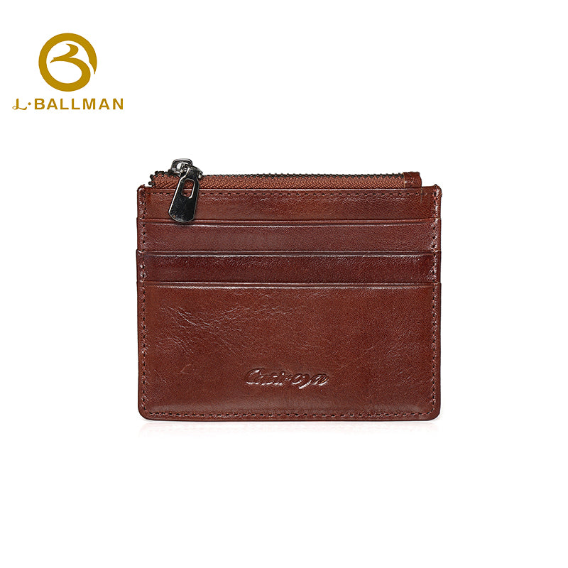 Brown leather card holder with zipper coin pocket and multiple card slots, custom OEM wholesale 1649#