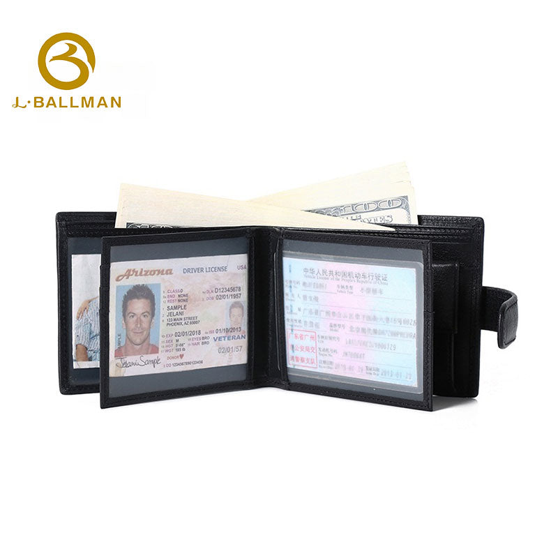 Genuine Leather Men'S Bifold Wallet With Snap Button And Multiple Clear Id Windows For Business Daily Use, Wholesale Custom, F055
