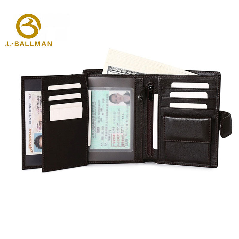 Genuine Leather Men'S Trifold Wallet With Snap Button, Multiple Clear Id Windows And Zipper Coin Pocket For Business Daily Use, Wholesale Custom, E60277#