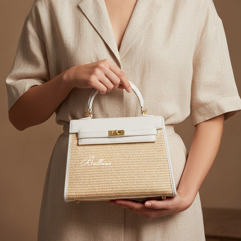 Wholesale Custom Raffia Leather Kelly Style Handbag Straw Weave Spliced Leather Turn Lock Hardware Top Handle BK004