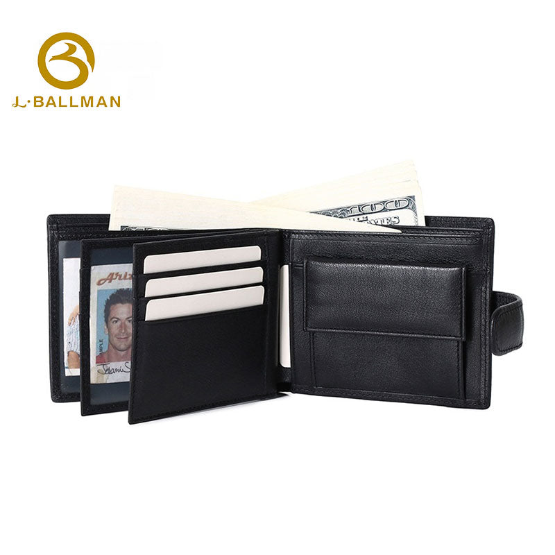 Genuine Leather Men'S Bifold Wallet With Snap Button And Multiple Clear Id Windows For Business Daily Use, Wholesale Custom, F055