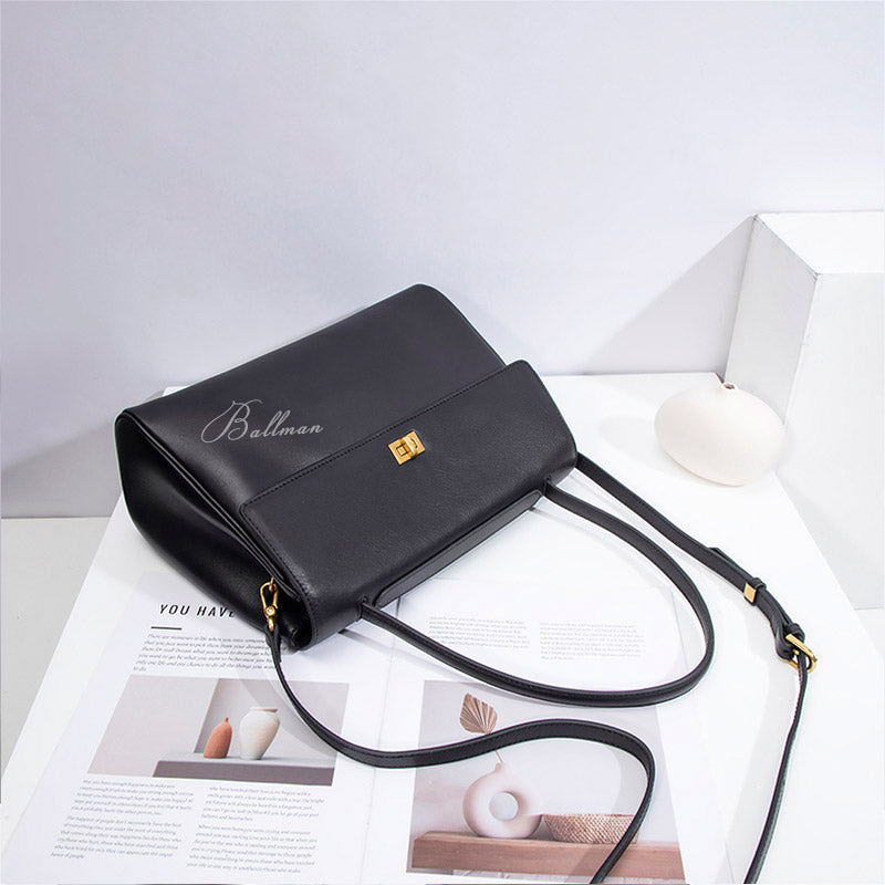 Wholesale Custom Italian Imported Leather Shoulder Bag Gold Turn Lock Hardware Large Capacity Office Handbag H98044