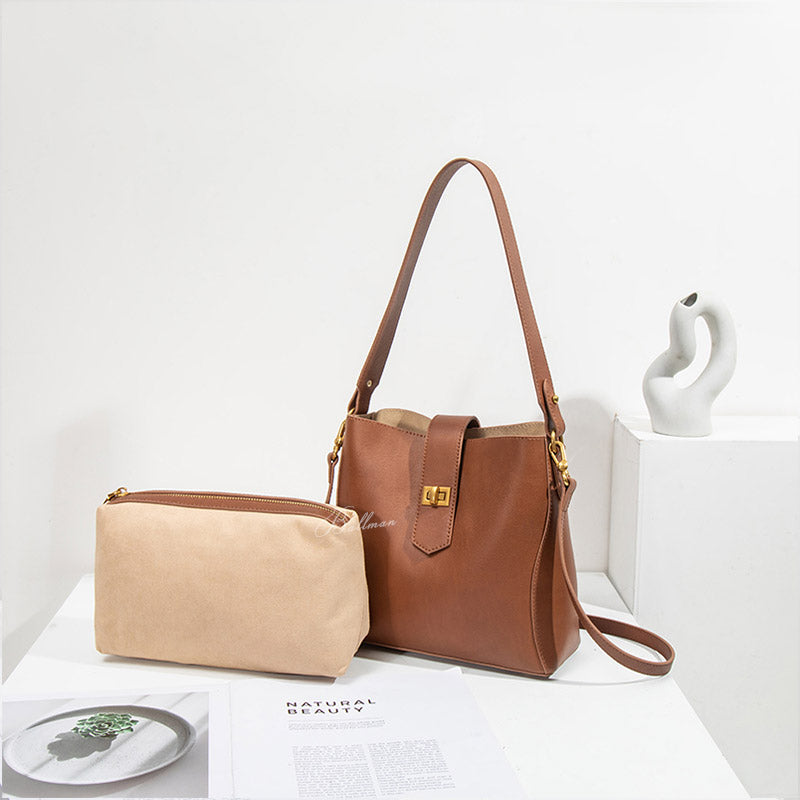 Wholesale Custom Italian Imported Full‑Grain Leather Bucket Bag Vintage Gold Turn‑Lock Closure Adjustable Shoulder Strap Elegant Daily Work Handbag H98052