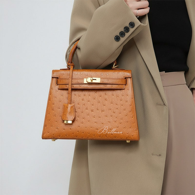 Wholesale Custom Ostrich Leather Kelly Style Handbag Premium Ostrich Skin Turn?Lock Hardware Top Handle BK003