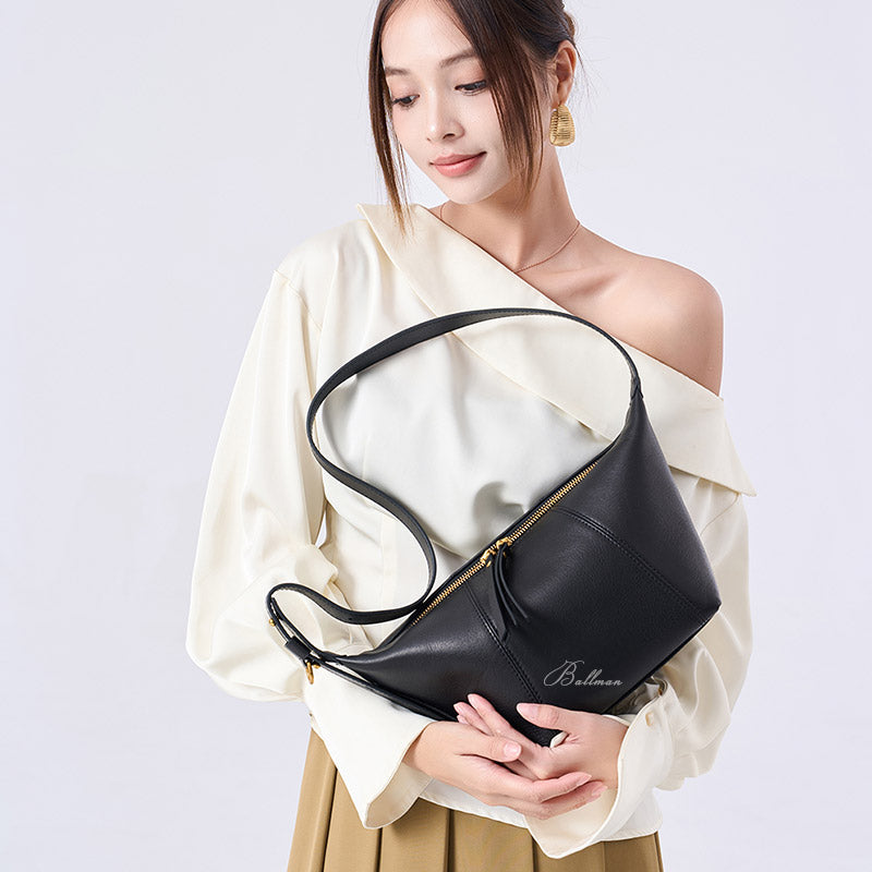 Wholesale Custom Full‑Grain Leather Hobo Bag Curved Sling Shape Dual Zipper Pulls Wide Adjustable Strap Modern Casual Shoulder Bag H98057