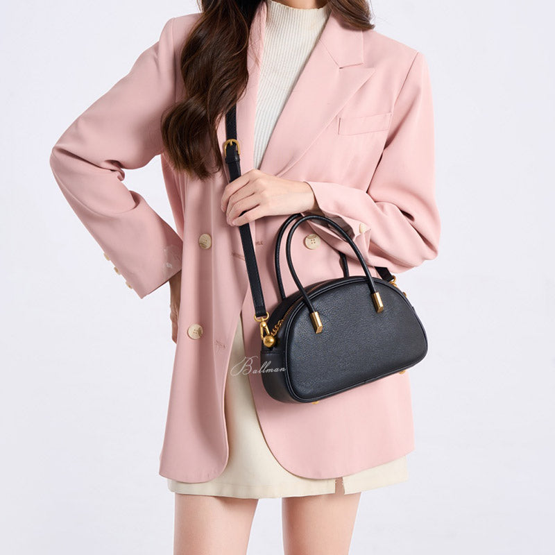 Wholesale Custom Leather Handbag, Half Moon Shape, Gold Bead Zipper, Detachable Crossbody Strap, H98080