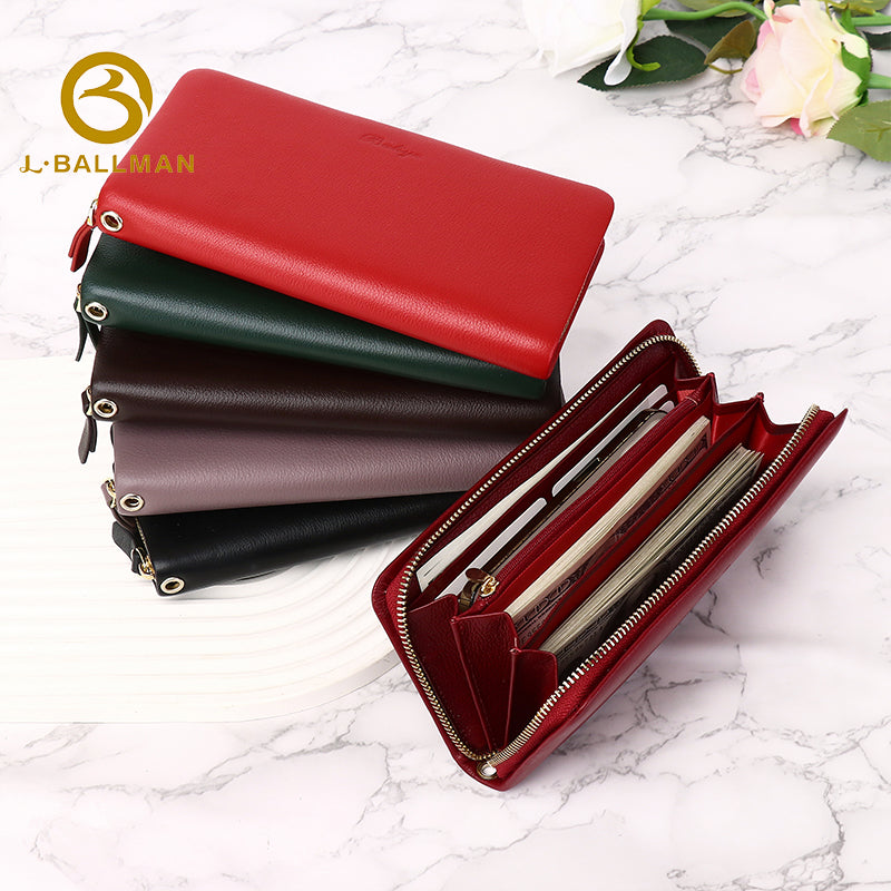 Wholesale Custom leather women long wallet genuine leather zipper around wristlet wallet phone pocket multi card slots daily shopping travel purse 502B