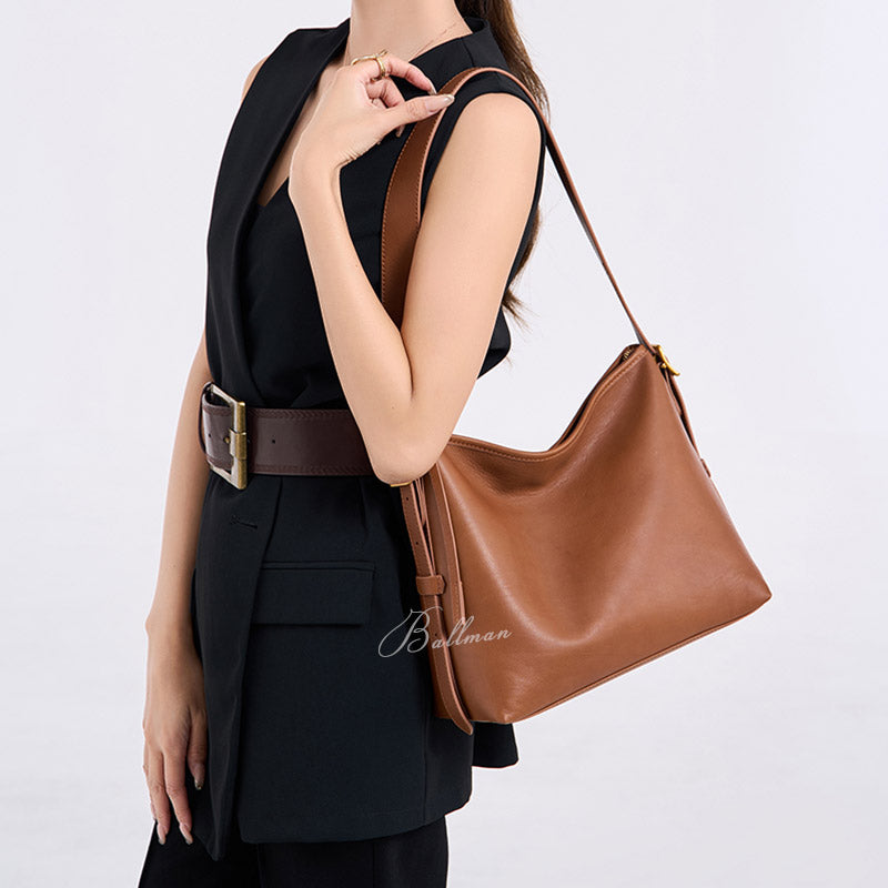 Wholesale Custom Italian Imported Full‑Grain Leather Hobo Bag Soft Relaxed Silhouette Dual Adjustable Strap Timeless Vintage Work Shoulder Bag H98050