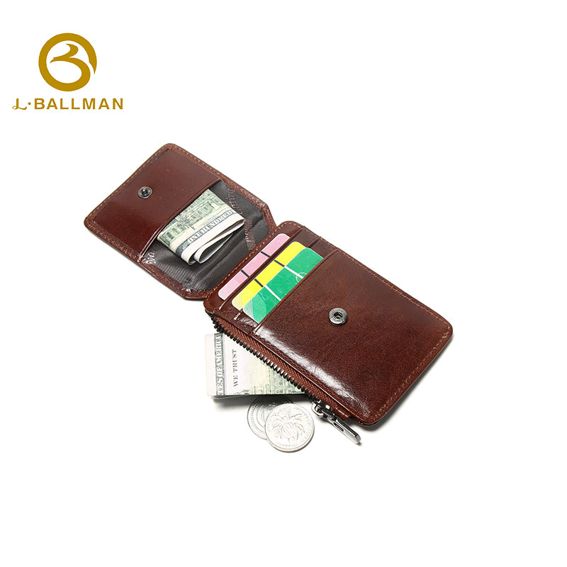 Vegetable Tanned Leather Flip Card Holder with Zipper Coin Pocket Snap Button Multi Card Slots OEM ODM Custom Wholesale Manufacturer 1667#