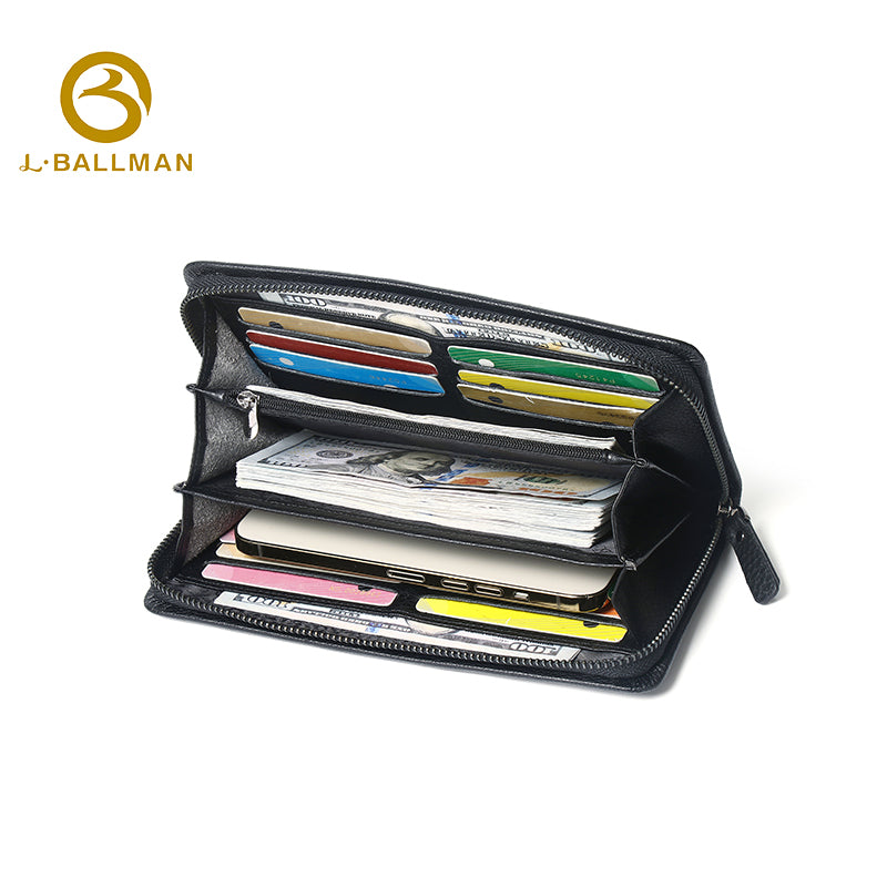 Genuine Leather Full Zip Around Clutch Wallet, Detachable Wrist Strap Embossed Logo Grain Leather For Daily Use 6302 | Custom Logo ODM OEM Wholesale