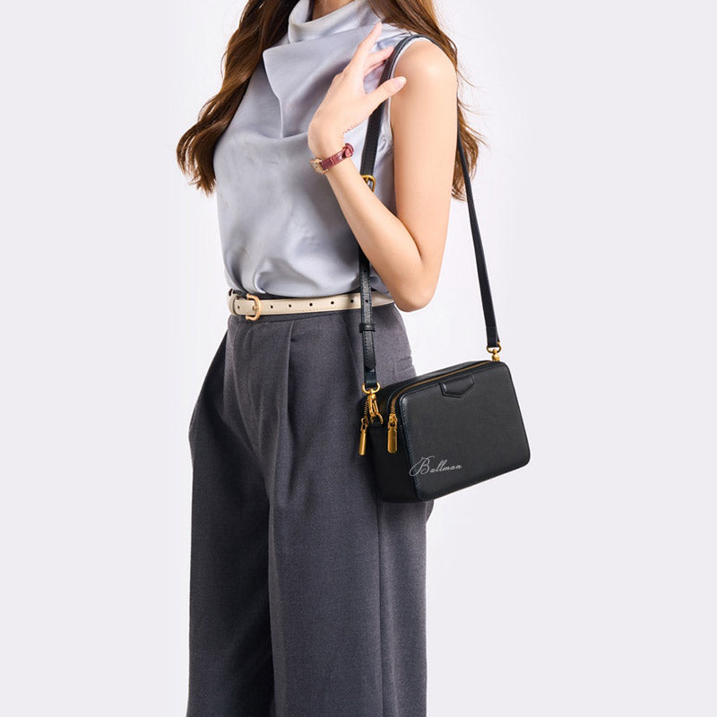 Wholesale Custom Full‑Grain Leather Crossbody Bag Double Zipper Compartments Adjustable Thin Strap Compact Everyday Camera Bag H98073