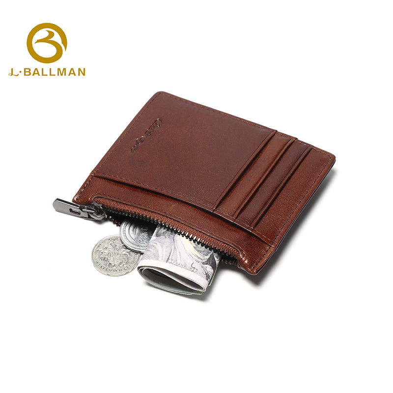 Vegetable Tanned Leather Card Holder with Zipper Coin Pocket Multi Card Slots OEM ODM Custom Wholesale Manufacturer 1664#