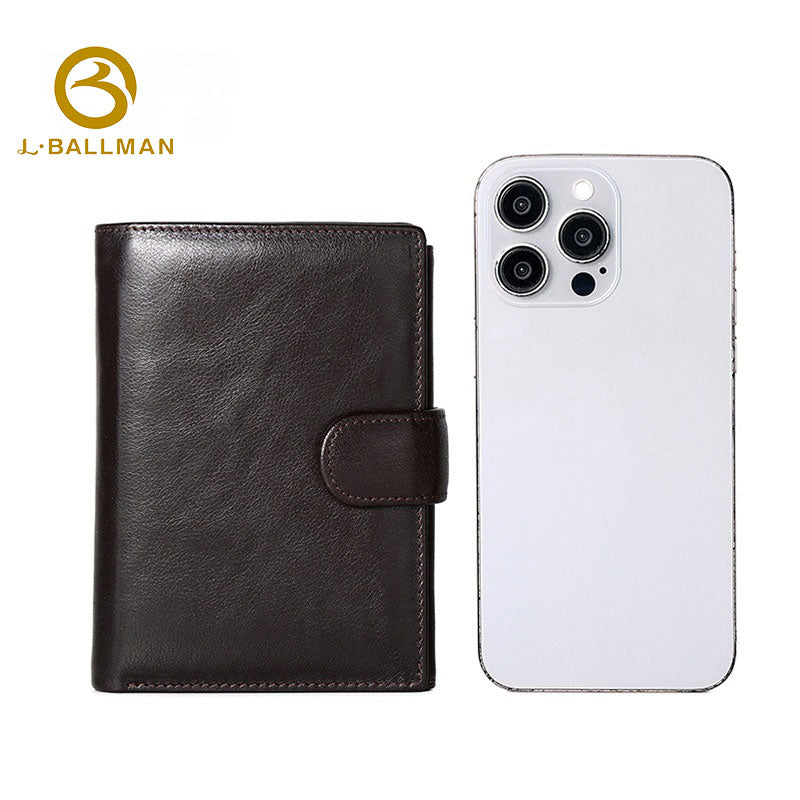 Genuine Leather Men'S Trifold Wallet With Snap Button, Multiple Clear Id Windows And Zipper Coin Pocket For Business Daily Use, Wholesale Custom, E60277#