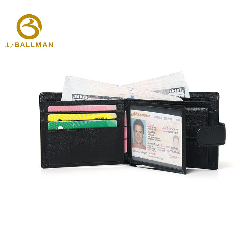 Wholesale Custom leather men short wallet pebbled genuine leather snap button multi card slots daily business travel purse 208#