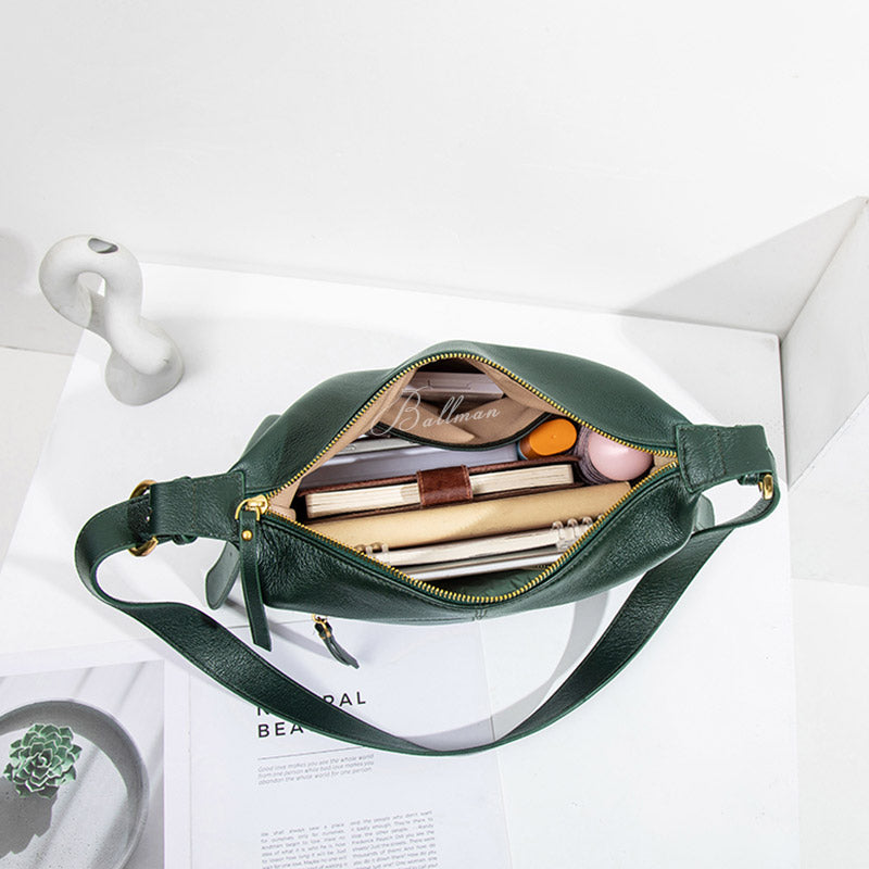 Wholesale Custom Full‑Grain Leather Hobo Bag Smooth Soft Texture Zipper Closure Adjustable Shoulder Strap Minimalist Casual Handbag H98056