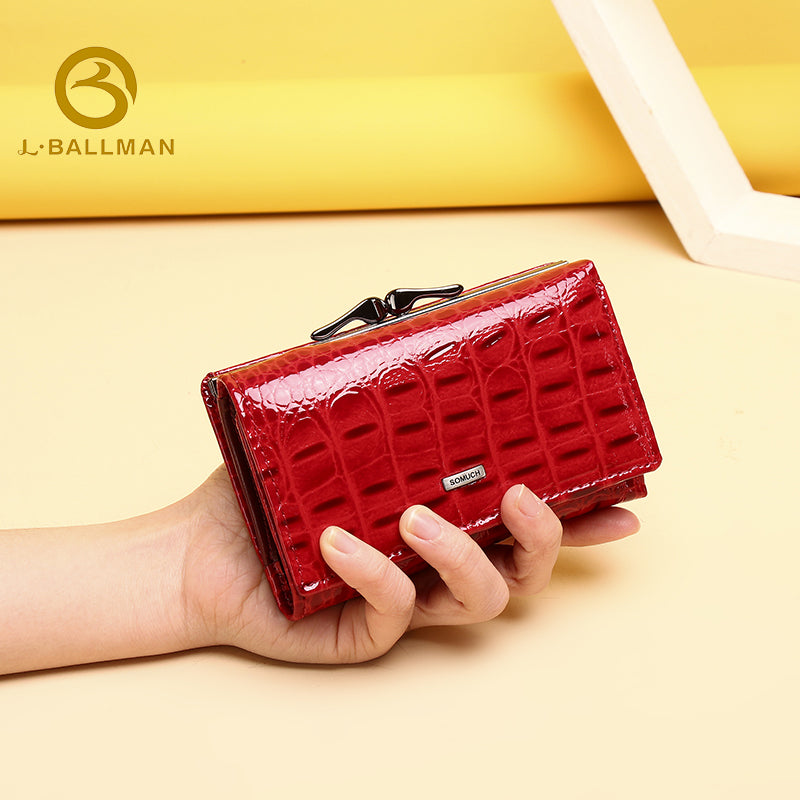Women Short Patent Leather Wallet Crocodile Embossed Trifold Kiss Lock Multi Card Slots Id Window 512-82A Wholesale Custom
