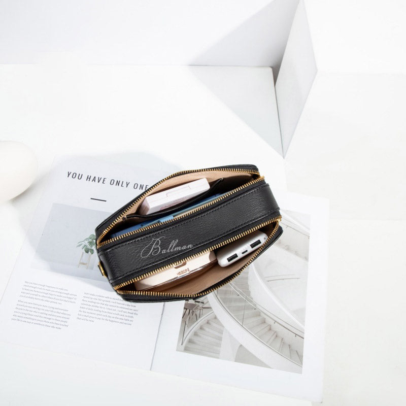 Wholesale Custom Full‑Grain Leather Crossbody Bag Double Zipper Compartments Adjustable Thin Strap Compact Everyday Camera Bag H98073
