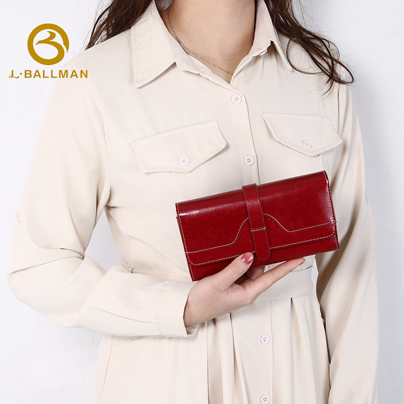 Women Long Genuine Leather Wallet Strap Flap Multi Card Slots Photo ID Window Large Capacity 1600 Wholesale Custom