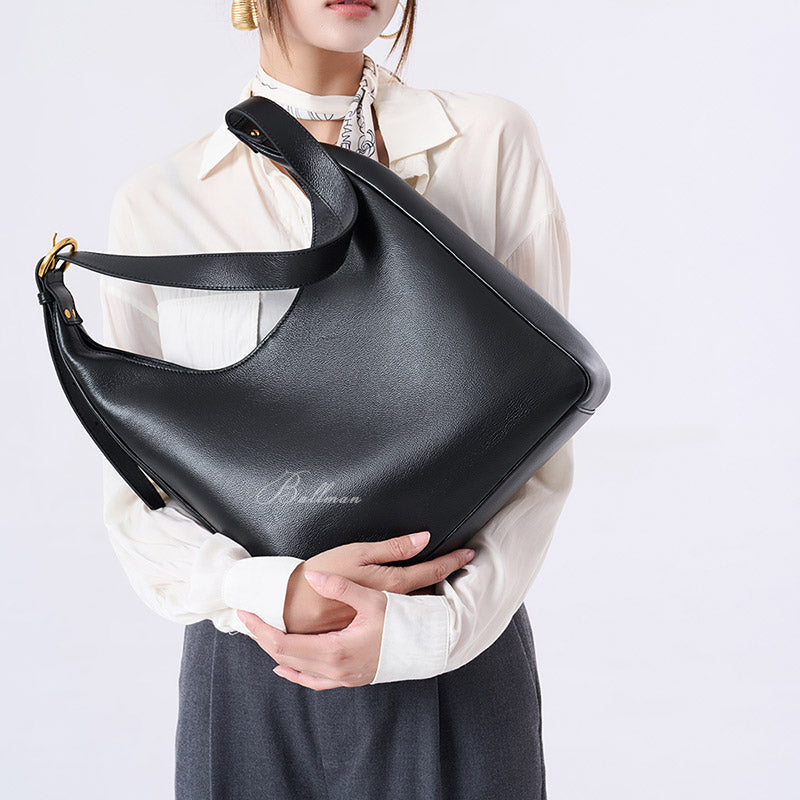 Wholesale Custom Full‑Grain Leather Hobo Bag Large Capacity Soft Slouchy Curved Opening Wide Shoulder Strap Elegant Work Shoulder Bag H98058