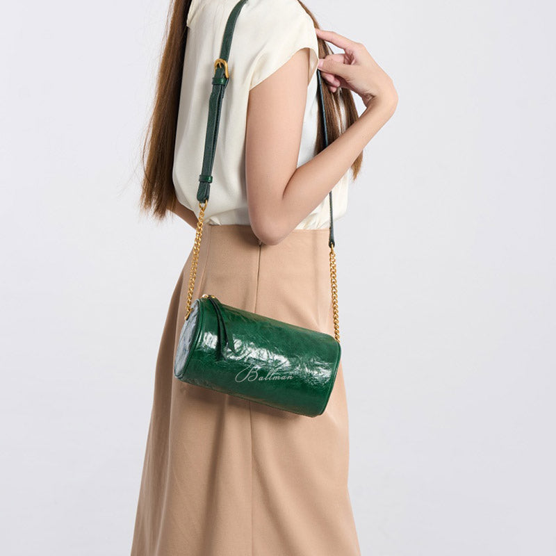 Wholesale Custom Leather Cylinder Shoulder Bag Crinkled Texture Gold Chain Crossbody Bag H98039